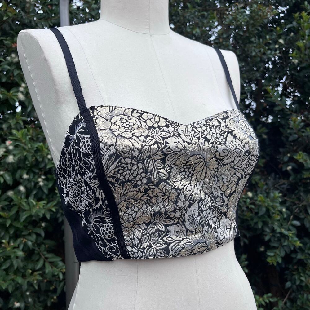 Kimchi Blue Metallic Brocade Bustier Crop Top Black Gold Floral Jacquard Size M